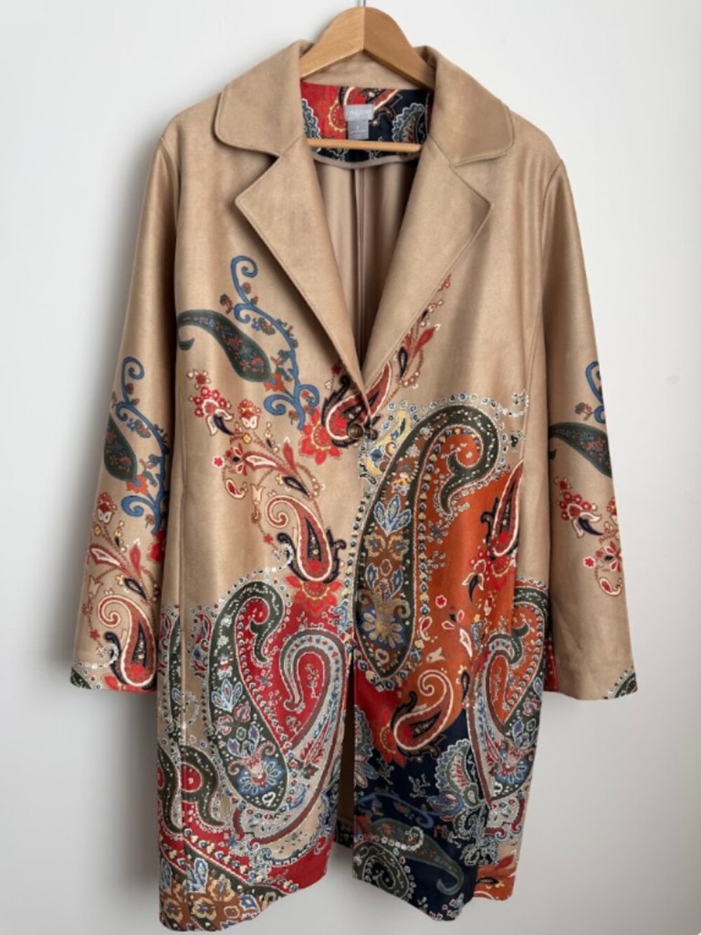 Chico's Faux Suede Paisley Print Longline Coat Jacket Size 3 (XL)